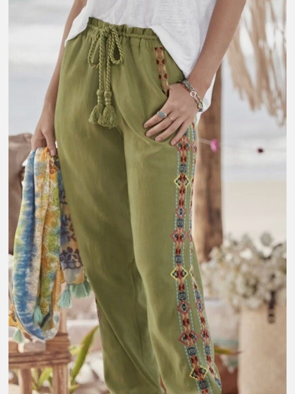 Sundance Bella Vita Olive Green Wide-Leg Jogger Pants with Embroidered Side Trim